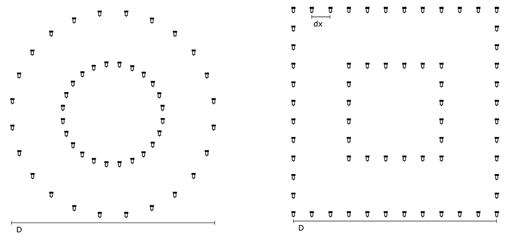 Figure 3. Circular and rectangular receiver arrays with a smaller nested into a larger array targeting relatively shorter and longer surface-wave wavelengths.