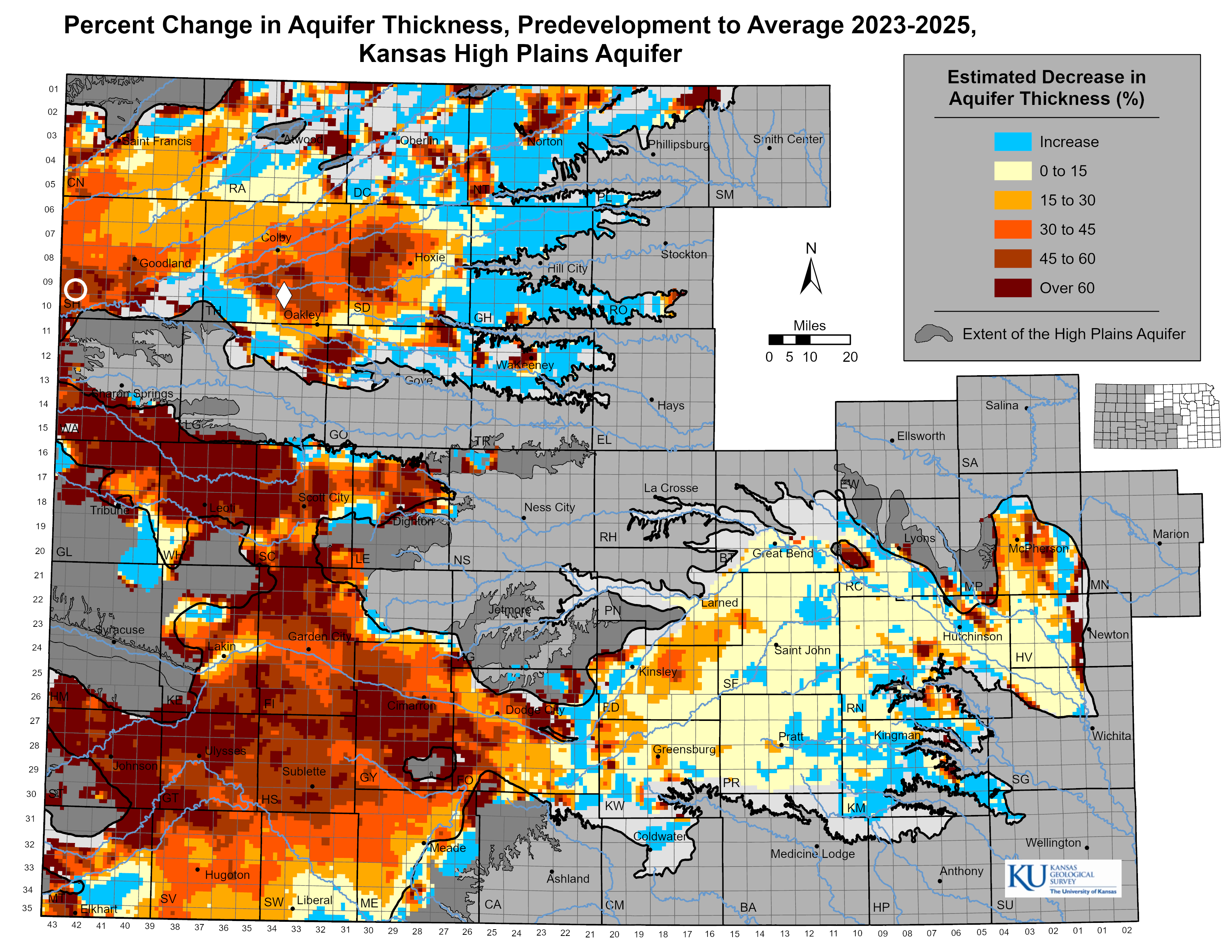 Percent change in aquifer thickness, predevelopment to average 2023-2025, Kansas High Plains Aquifer