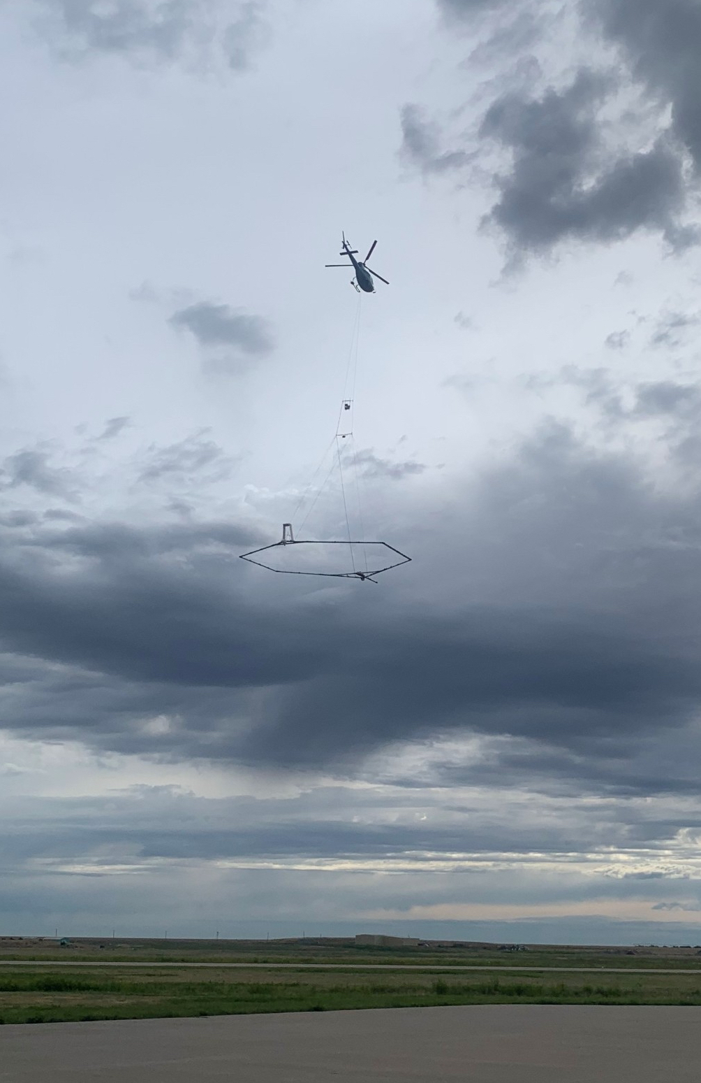 "Helicopter towing scientific instruments on hexagonal frame"