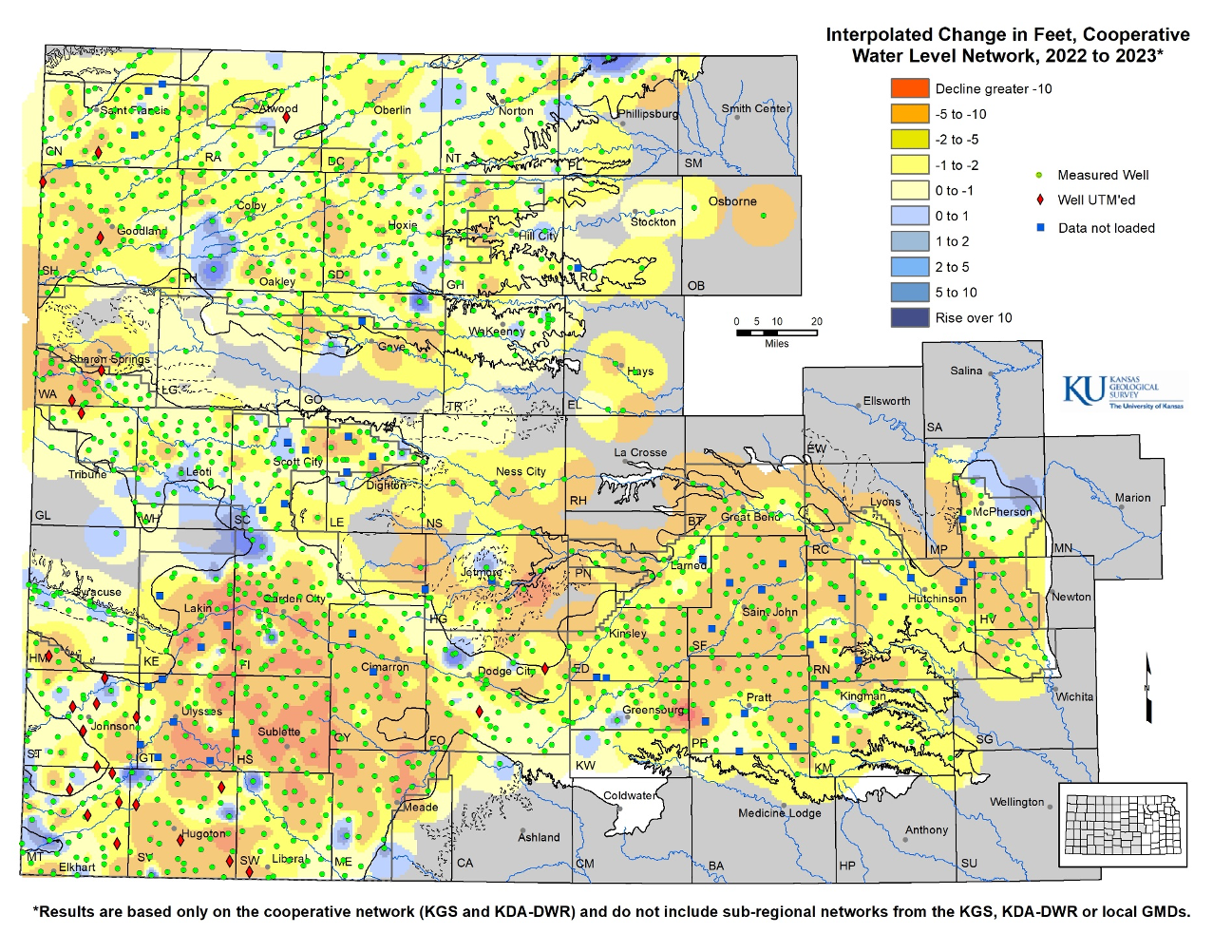 "Preliminary results from the annual Kansas Geological Survey assessment of groundwater levels in western and south-central Kansas, taken in early 2023."
