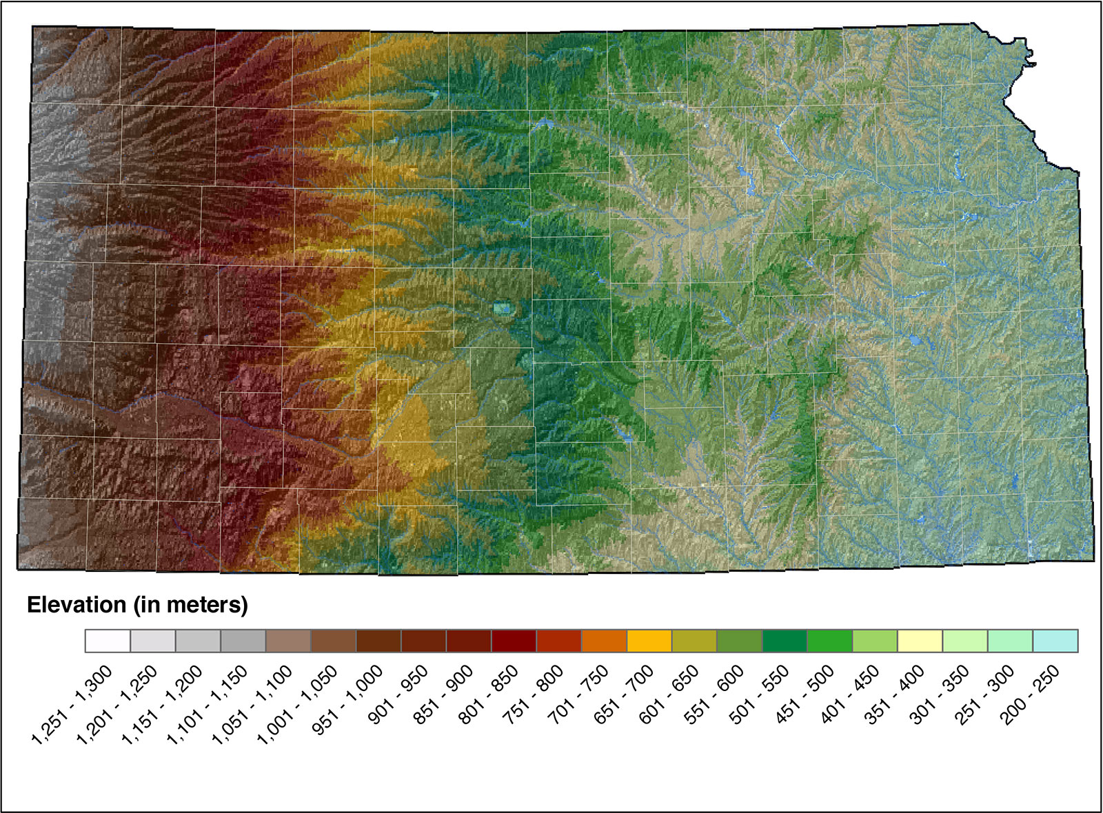 Digital elevation model map of Kansas