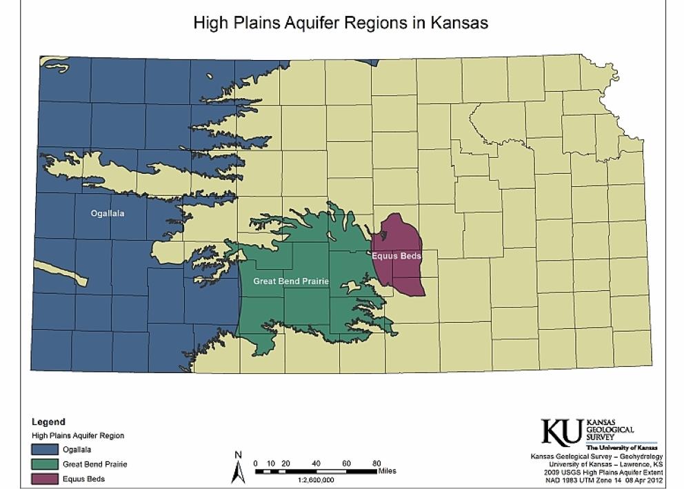 Map showing the three regions of the High Plains Aquifer in Kansas: Ogallala, Great bend Prairie, and Equus Beds.