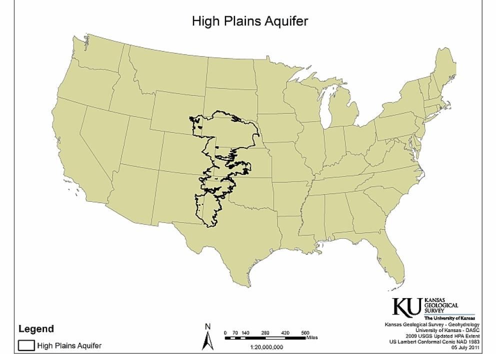Map of the US outlining the extent of the High Plains Aquifer.