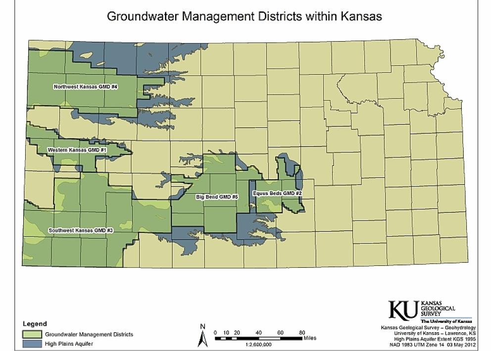 Map of Kansas showing the five Groundwater Management Districts: Western Kansas GMD #1, Equus Beds GMD #2, Southwest Kansas GMD #3, Northwest Kansas GMD #4, and the Big Bend GMD #5.