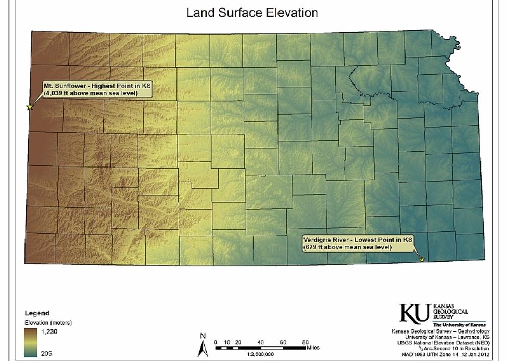 Map showing the land surface elevation across Kansas with the highest elevation levels around the Western edge of the state at 1,230 meters, and the elevation decreasing to the east with the the lowest elevation levels around 205 meters.