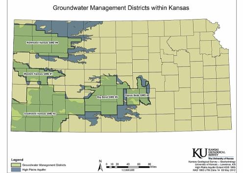 Map of Kansas showing the five Groundwater Management Districts: Western Kansas GMD #1, Equus Beds GMD #2, Southwest Kansas GMD #3, Northwest Kansas GMD #4, and the Big Bend GMD #5.