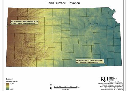 Map showing the land surface elevation across Kansas with the highest elevation levels around the Western edge of the state at 1,230 meters, and the elevation decreasing to the east with the the lowest elevation levels around 205 meters.